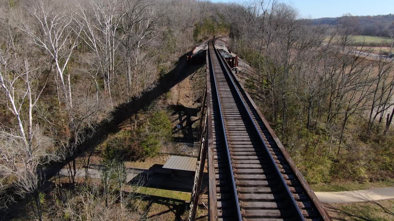 Aerial Shot Pushing Forward Along the Tracks of the Pope Lick Railroad Trestle in Louisville Kentucky on a Sunny Winter Day