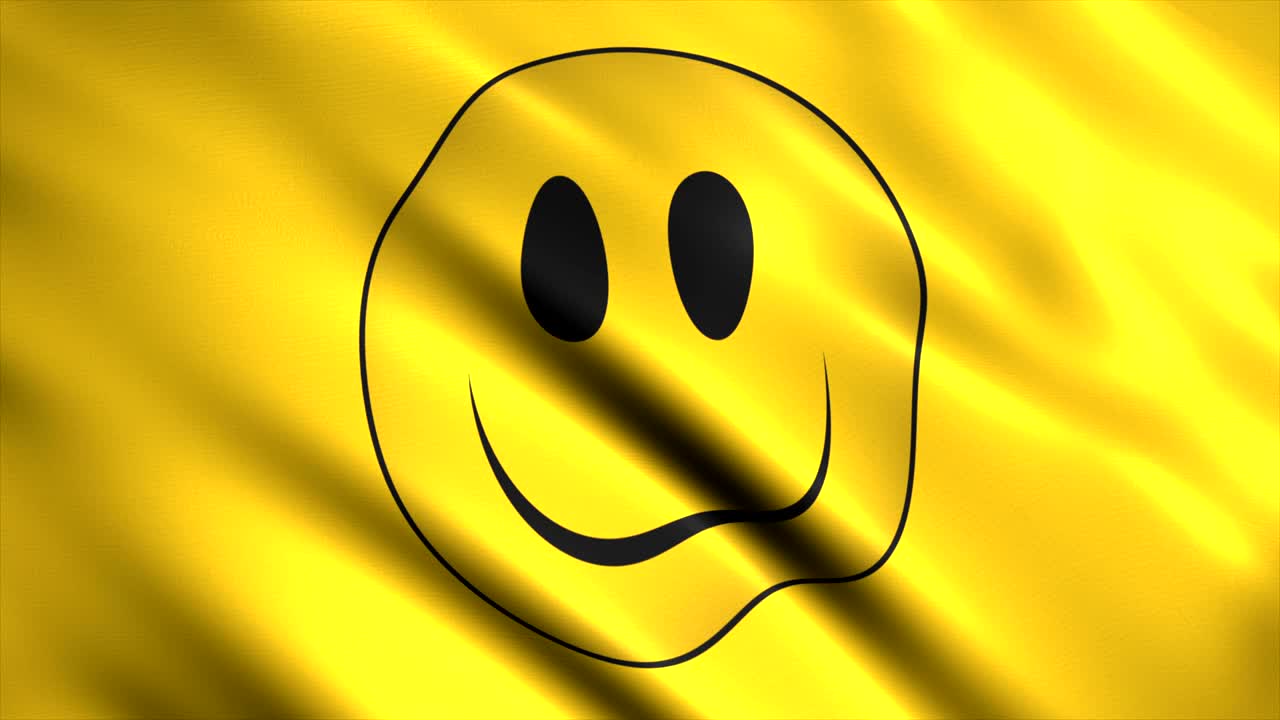 agitando una bandera amarilla con una cara sonriente. 4k