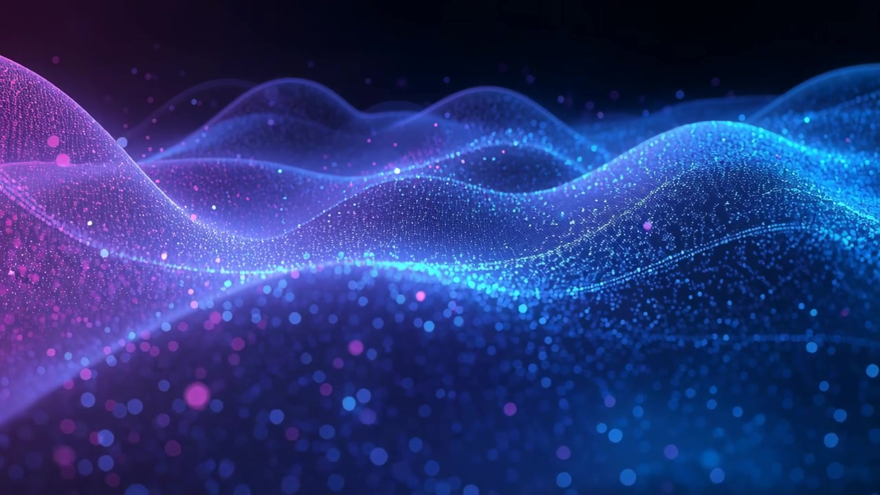 Playback starting particle wave mesh shifting and revealing depth in black void, with glowing bokeh