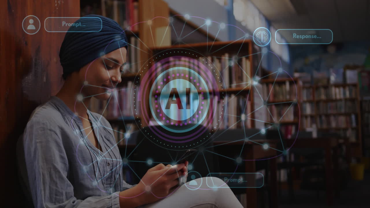 animación de un texto y datos sobre una estudiante biracial usando un teléfono inteligente