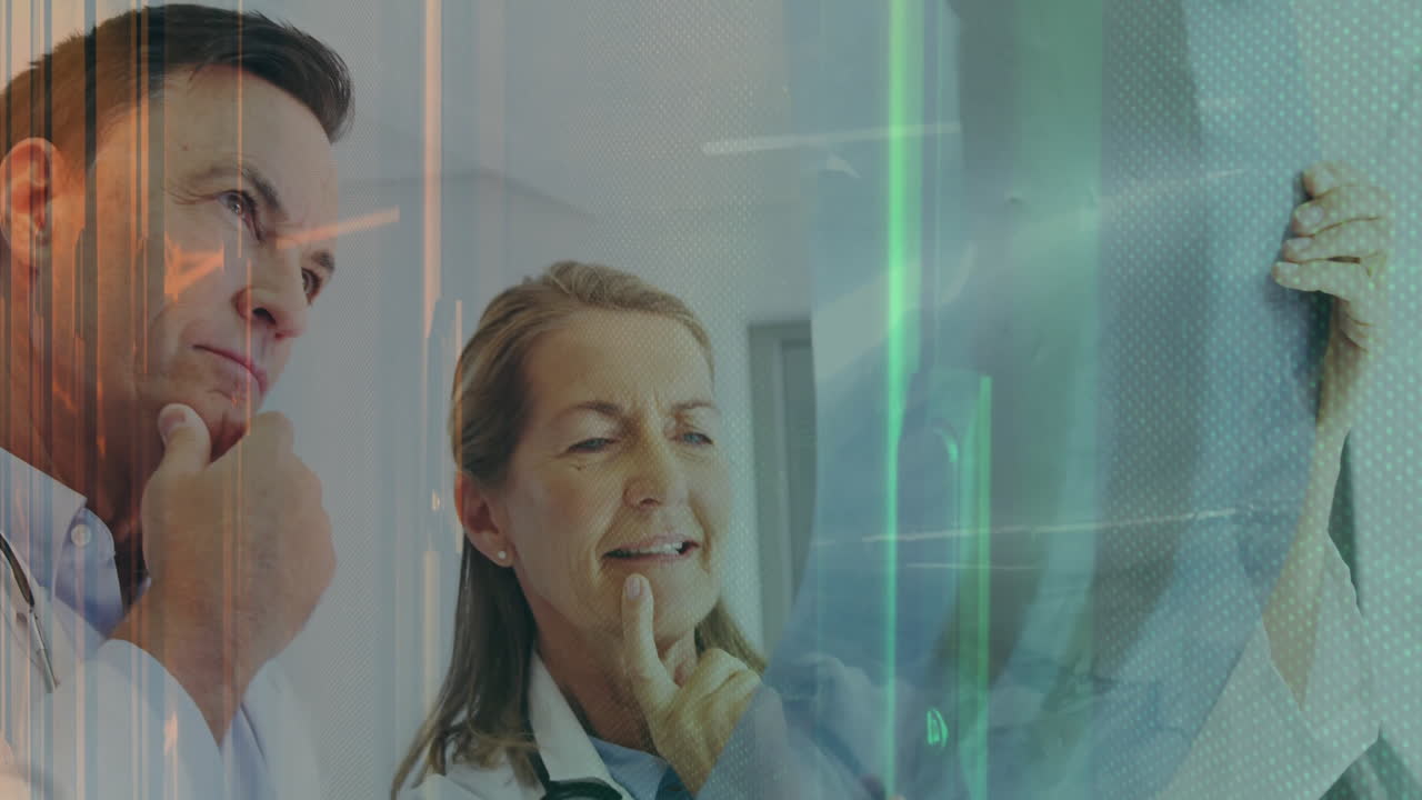 Senior doctors examining medical scan in clinic with stethoscope, showing animated grid