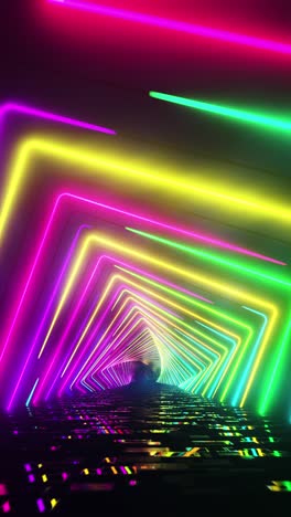 flying under arches painted with multicolored light. vertical looped video