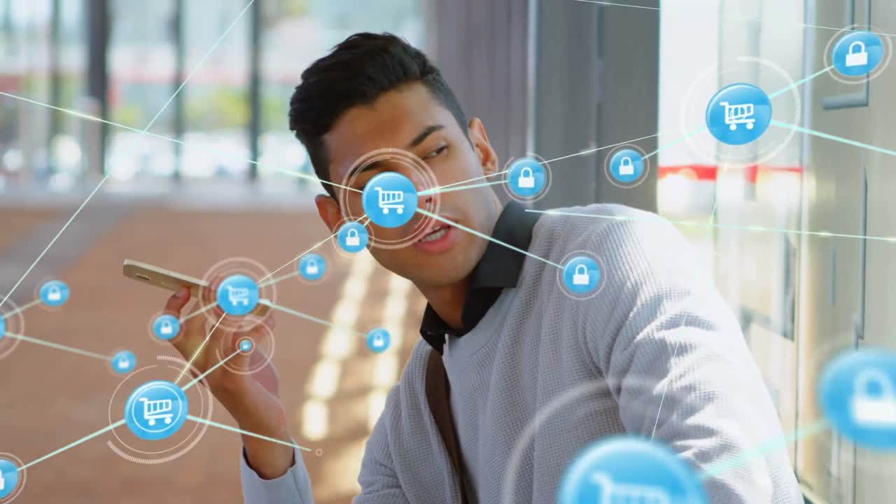 스마트 폰을 사용하는 두 인종의 사업가에 대한 연결 네트워크의 애니메이션