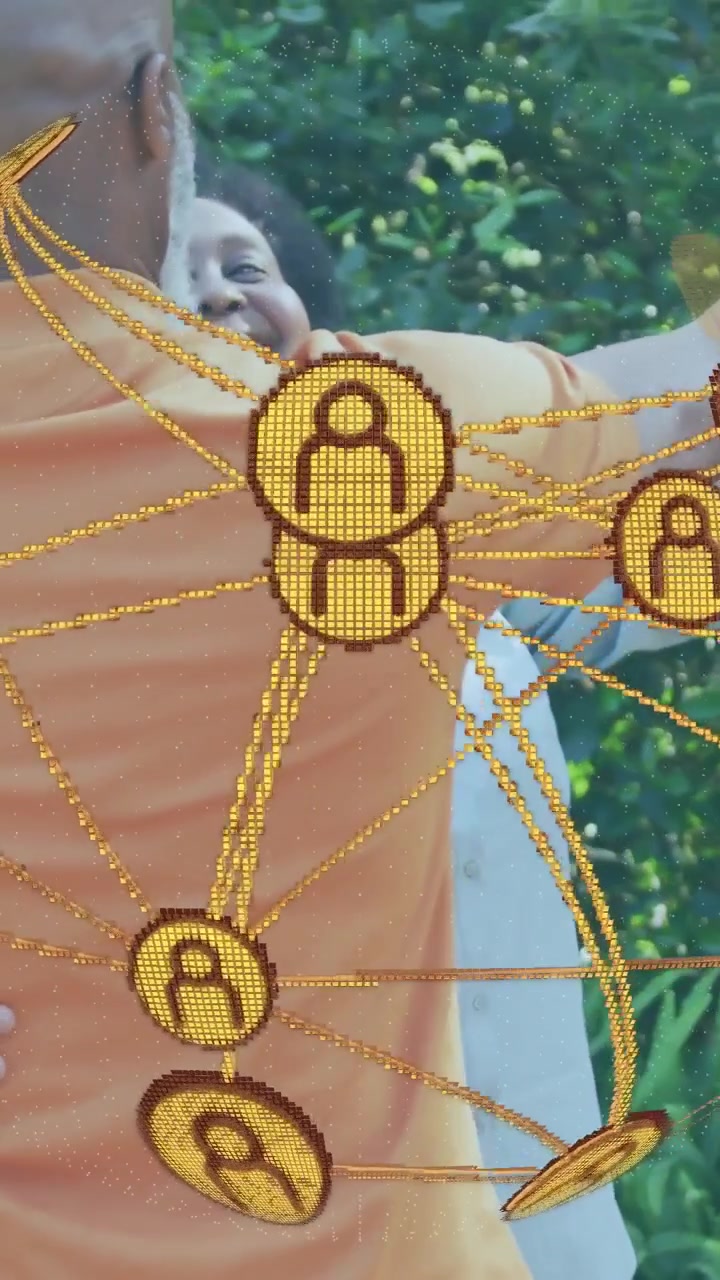 Vertical video: Senior pair embracing as camera pulling back, golden nodes linking hands for tech
