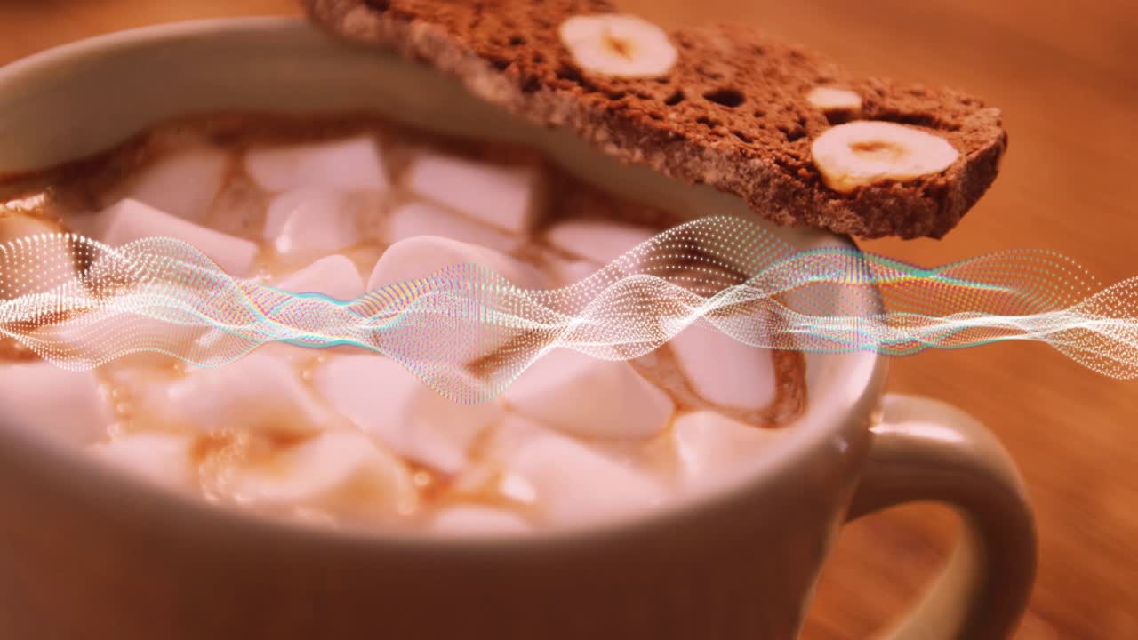Waveforms emerging from left edge sweeping over cocoa mug with marshmallows and bread for contrast