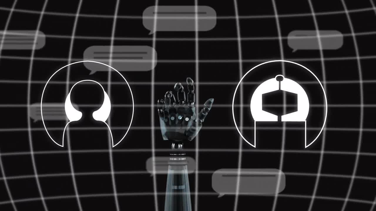 Animation of ai data processing over robot's arm grid and dark background