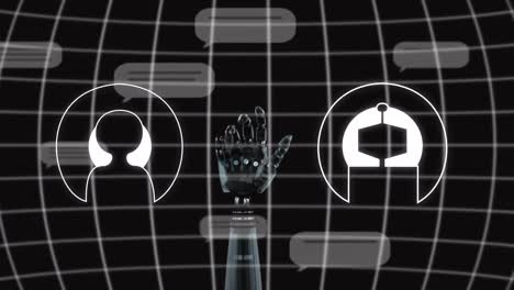 animación del procesamiento de datos sobre la cuadrícula del brazo del robot y el fondo oscuro