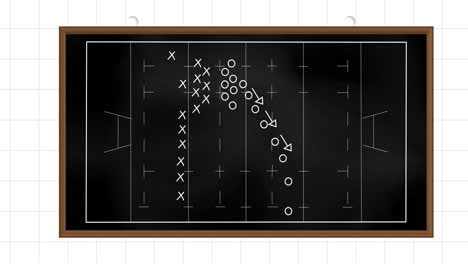animación de la estrategia de un juego de fútbol en una pizarra negra contra un fondo de papel alineado en cuadrados.