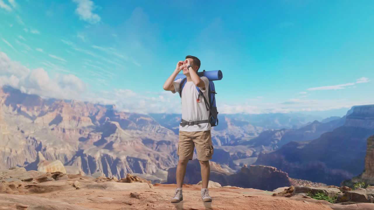 Full Body Of Asian Male Hiker With Mountaineering Backpack Smiling And Making Binoculars Gesture Then Looking Around While Traveling At The Top Of Mountain