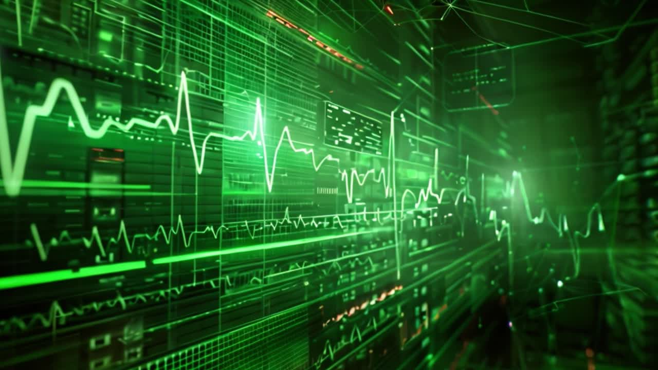 Abstract Digital Data Display with Green Waveforms