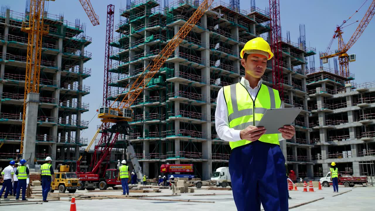 Wide-angle shot of a construction site with a worker in safety gear using a tablet