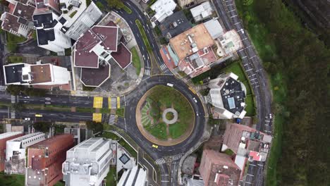 paved street with detail of a circle with grass in the center, traffic and lifestyle in the city with buildings around, latin america in quito ecuador, modern architecture