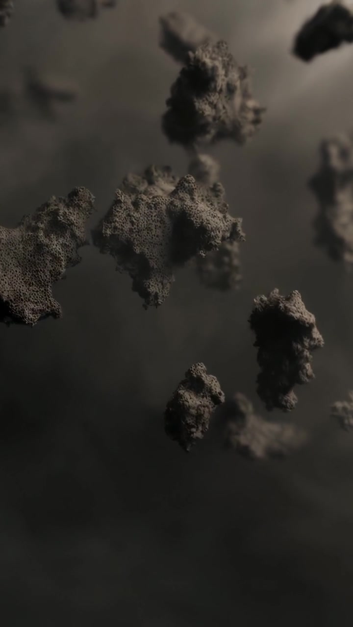 Vídeo vertical: Câmera em movimento revelando aglomerados porosos flutuando em um vazio nebuloso com foco raso.