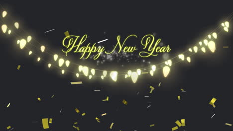 confetti falling over happy new year text against black background