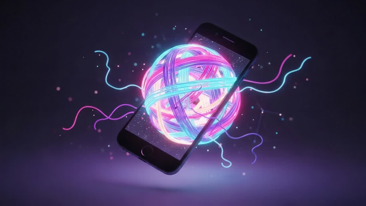 A Captivating Visual of a Smartphone Interacting with Vibrant Waves of Light, Merging Technology and Art in a Dimly Lit Background