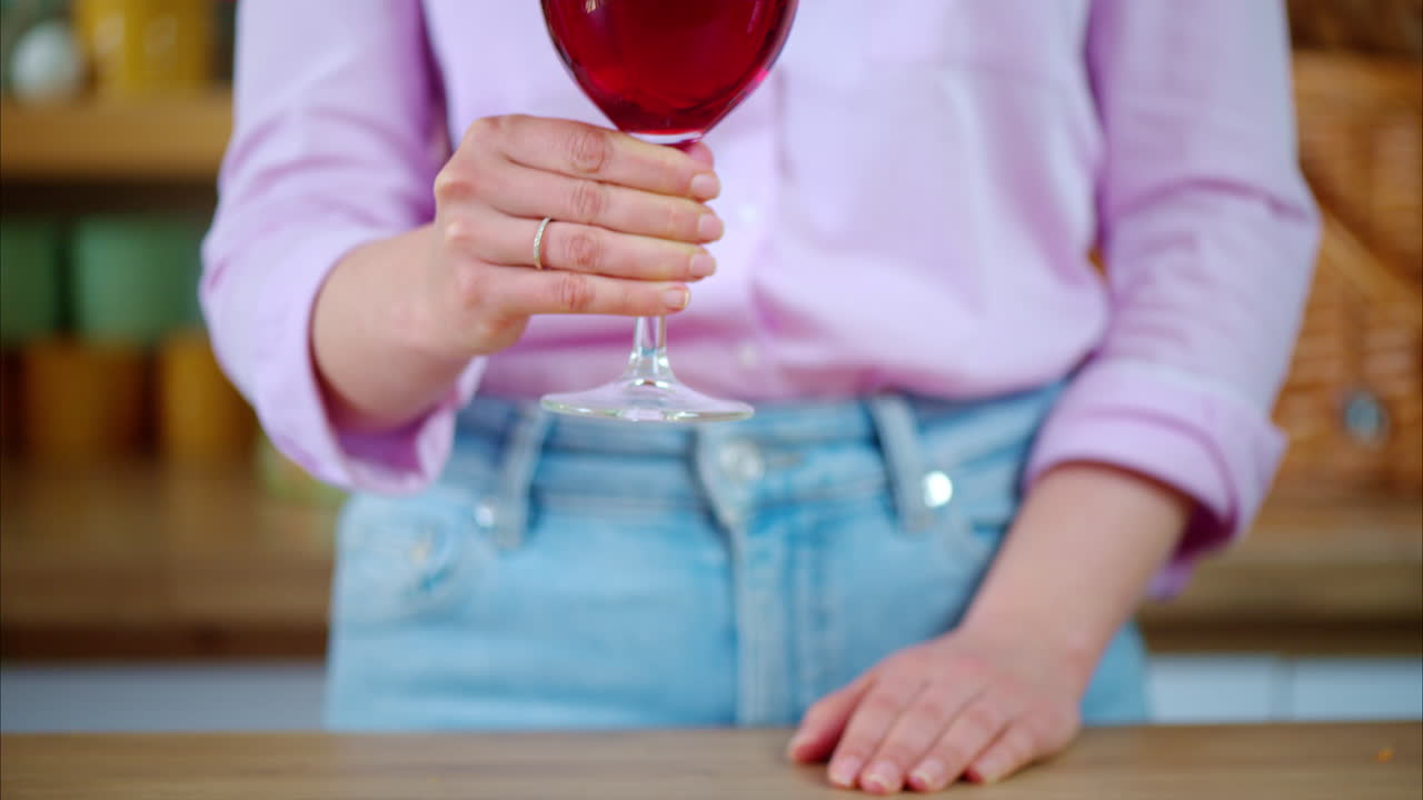 Woman swirling a glass of red wine in the kitchen
