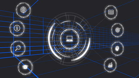 digital animation showing technology, education, and business icons on interface