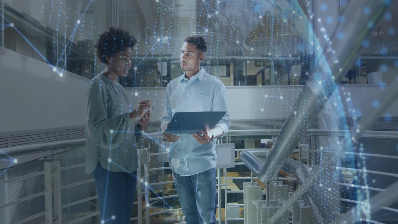 Animation of globe and data processing over diverse business people in office