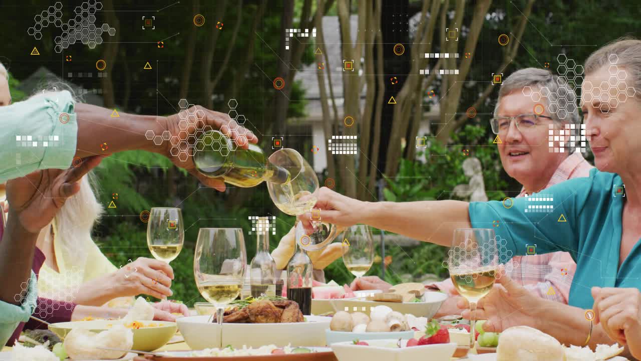 Man reaching and tilting bottle, pouring white wine into glass for dining toast, hexagon overlaying