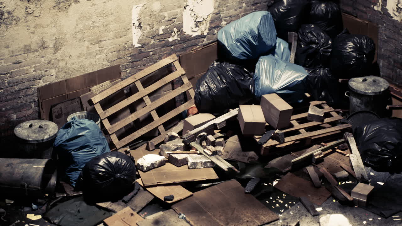 Urban waste accumulation in a neglected alleyway during daylight hours