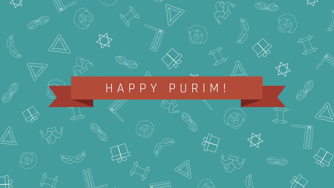 푸림 휴일 평평한 디자인 애니메이션 배경과 전통적인 윤 아이콘 기호 및 영어 텍스트