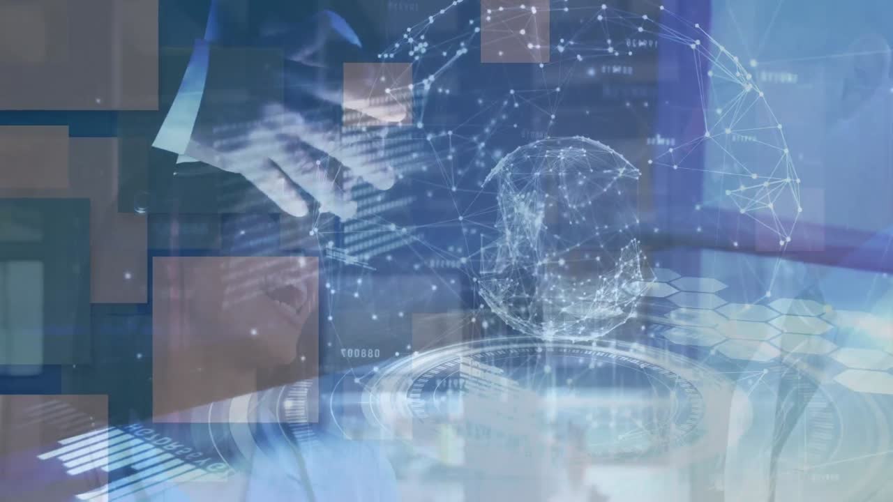 터치 스크린을 사용하여 백인 남자의 연결, 지구와 손의 애니메이션