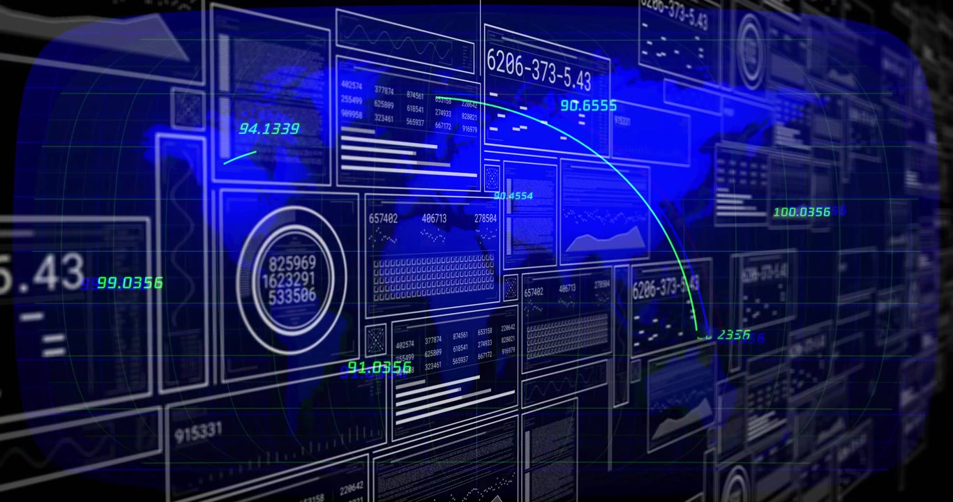 On start digital interface sliding panels forming windows while arc connecting nodes showing data