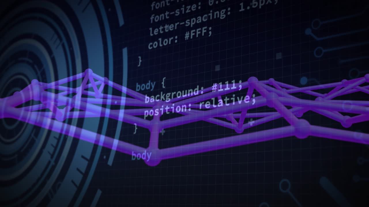 Upon appearing interface starting HUD spinning while code fading over purple mesh showing data flow