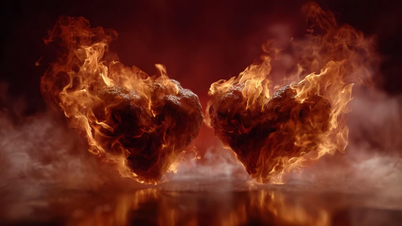An Engaging Visual of Fiery Hearts Representing Passion and Emotion with Blazing Flames and Smoke Creating a Dramatic Scene