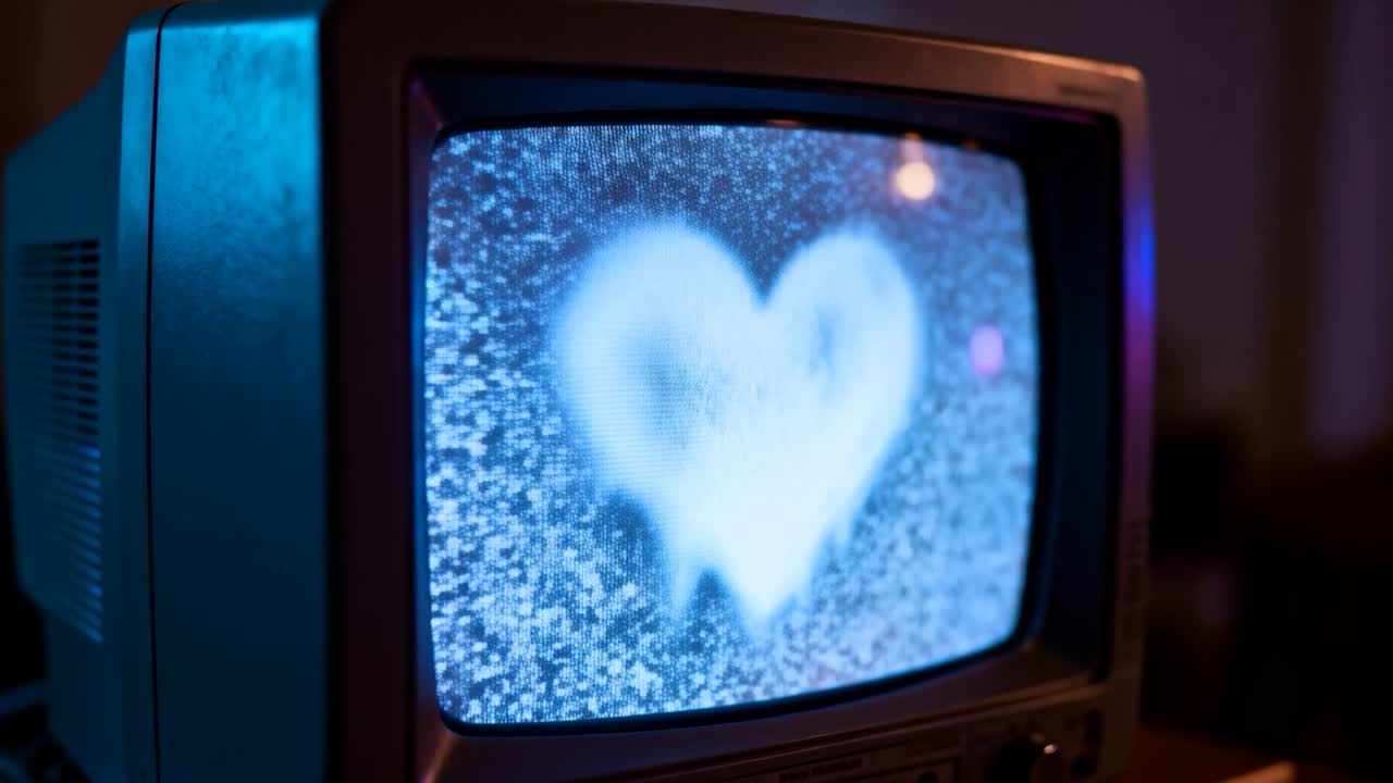Statická blikající retro CRT televize tvořící zářící modré srdce na stojanu, vytvářející večerní náladu