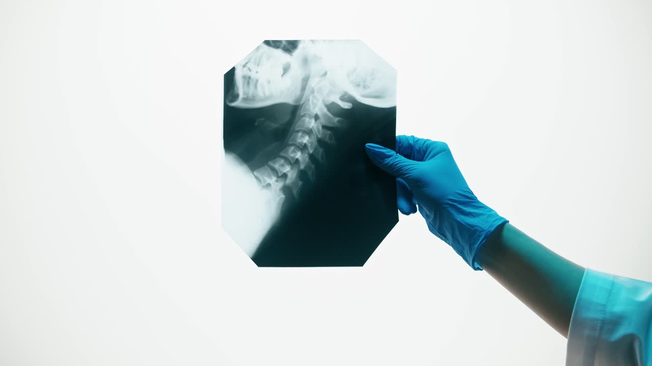 Gloved Hand Holding X-ray of Human Neck and Skull