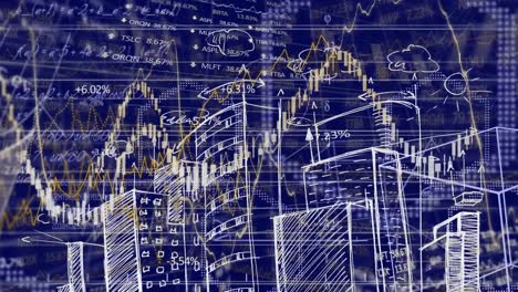 animation of financial data processing over cityscape