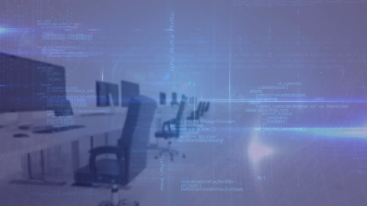 프로파일 아이콘 네트워크의 애니메이션, 데이터 처리 및 빈 사무실에 대한 파란 빛 점