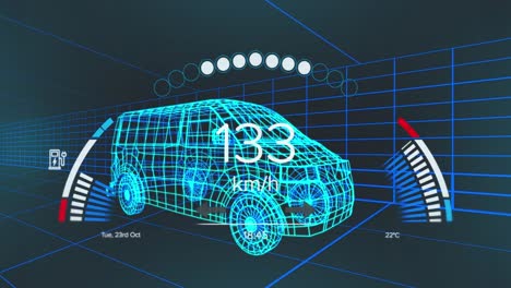 Animation-of-speedometer-over-electric-van-project-on-navy-background