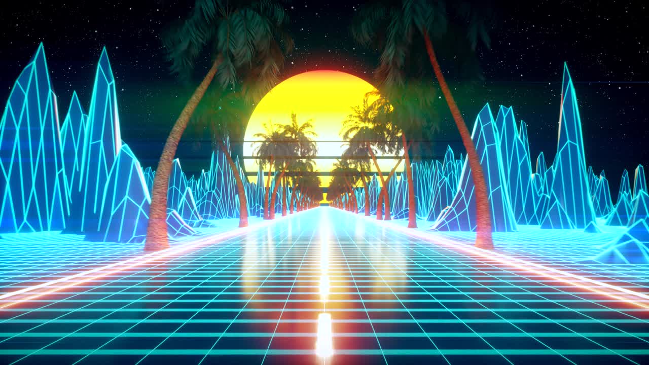 80s retro futuristic sci-fi seamless loop. Retrowave VJ videogame landscape, neon lights and low poly terrain grid. Stylized vintage vaporwave 3D animation background with mountains, sun and stars. 4K