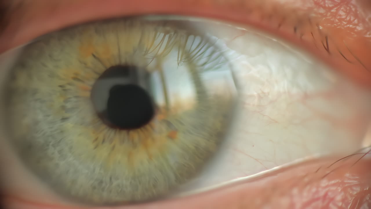 A close-up shot captures the intricate details of an eye, showcasing reflections of natural scenery under bright daylight. The vivid colors and textures reveal depth and beauty