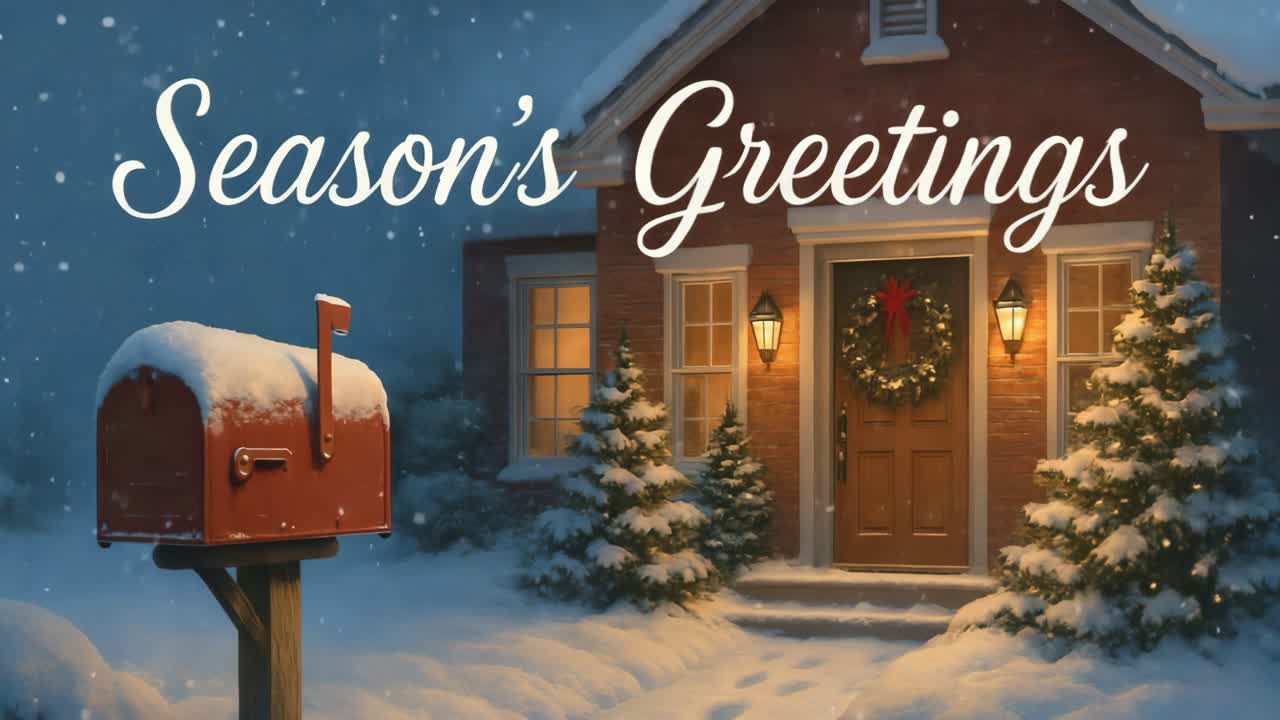 Cozy winter scene with snow-covered mailbox and festive decorations in a serene neighborhood
