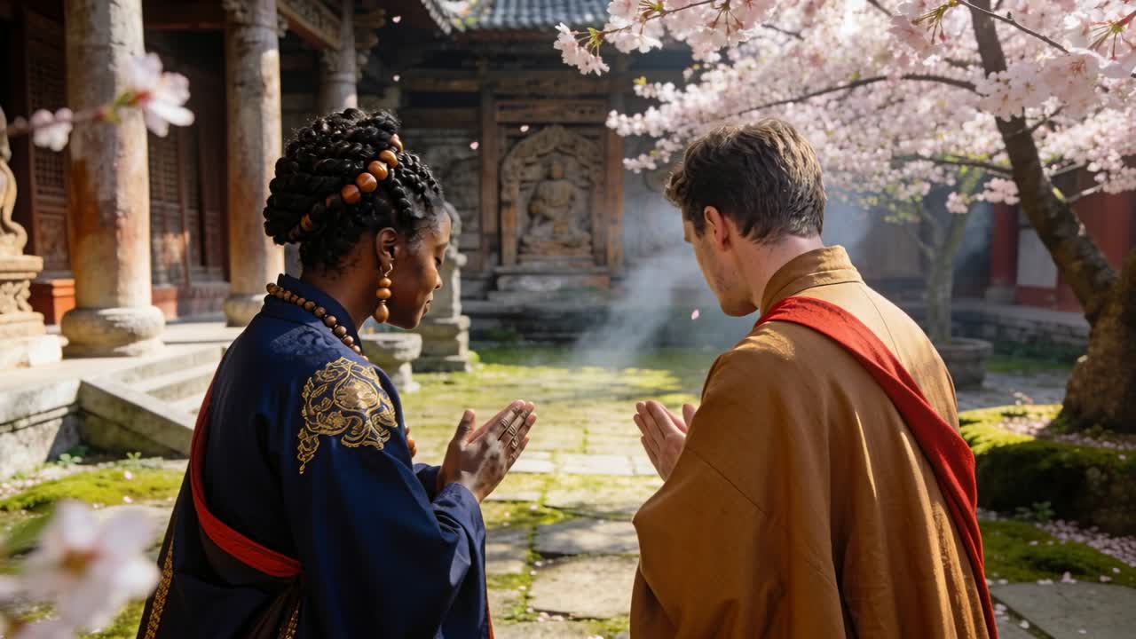 Inchinandosi mentre la brezza solleva i petali di ciliegio, coppia in preghiera, palmi uniti in un tempio indossando vesti, incenso.