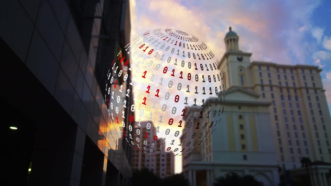 Binary orb appearing above skyline approaching frame rotating and showing red digits for data