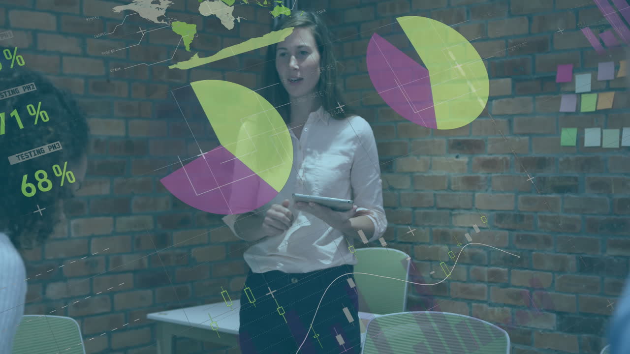 animación del procesamiento de datos estadísticos sobre la mujer caucásica discutiendo con colegas en la oficina