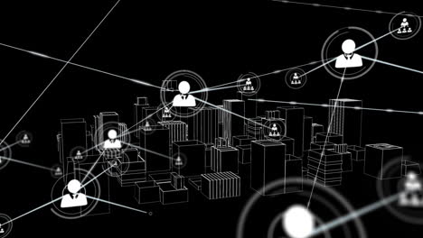 animación de redes de conexiones con iconos sobre el dibujo de la ciudad 3d girando sobre fondo negro