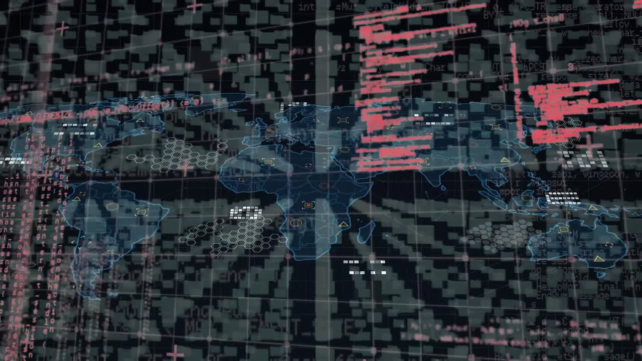 animación del procesamiento de datos sobre el mapa del mundo y los archivos
