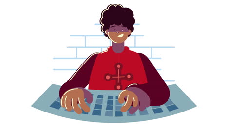 joven afro jugador con personaje de teclado