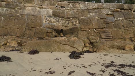 Coastal-wall-in-a-yellow-beach,-camera-moving-left-to-the-right