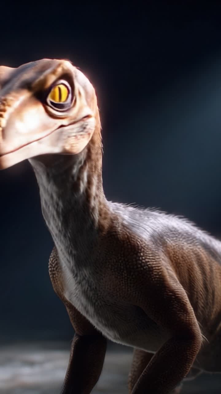 Incredibile rendering realistico di un Velociraptor maestosamente in posa su uno sfondo scuro, catturando l'essenza e i dettagli di questa iconica specie di dinosauro.