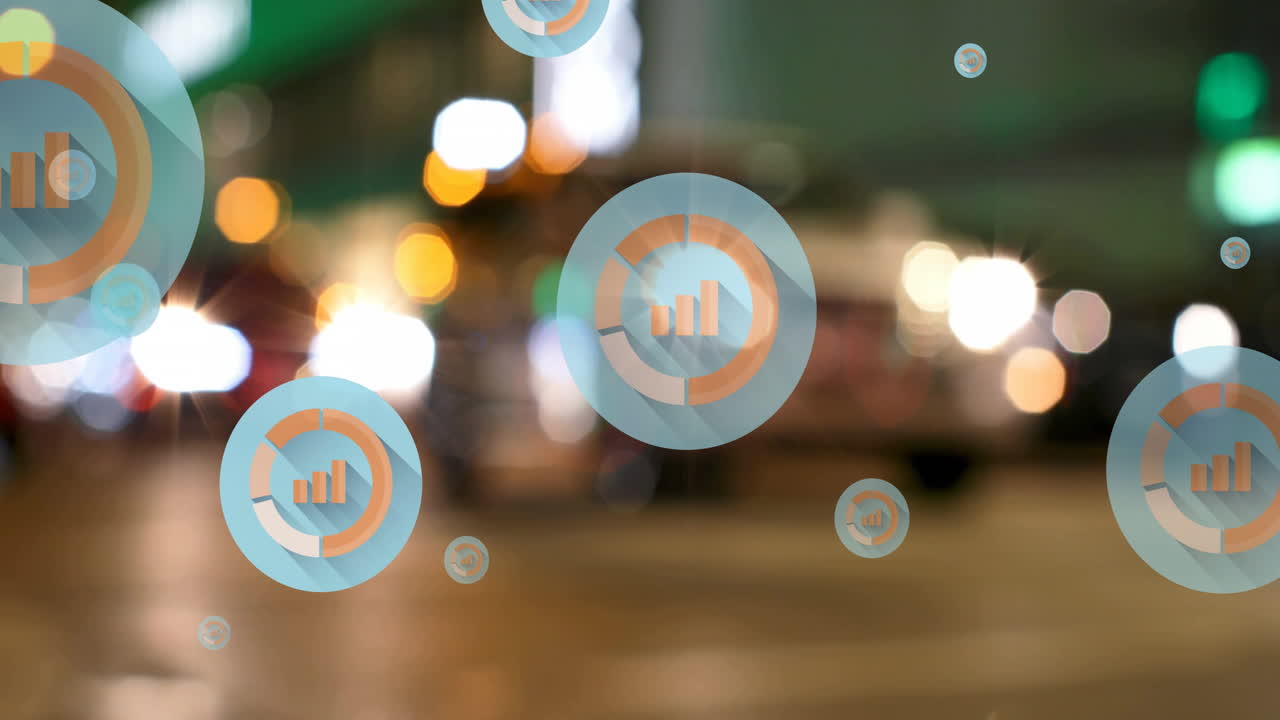 도로를 가로지르는 신호와 다양한 사람들에서 멈춘 흐릿한 차량 위의 그래프 아이콘의 애니메이션