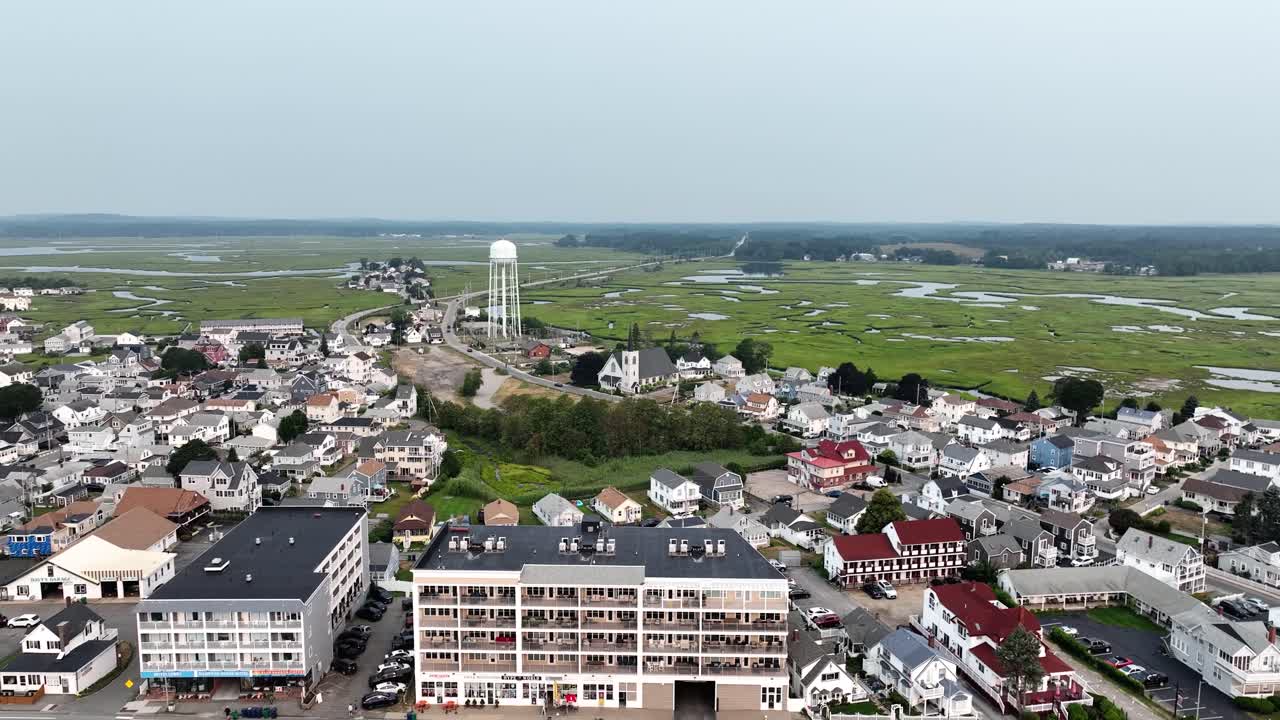 Drone view of Hampton Beach, New Hampshire on a cloudy summer morning