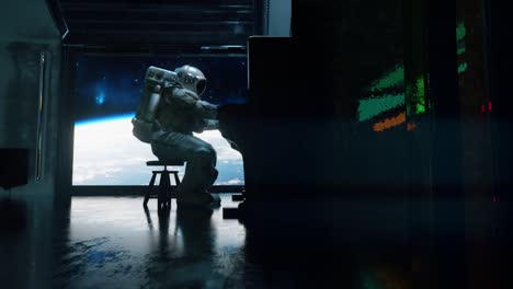 astronaut playing piano in space