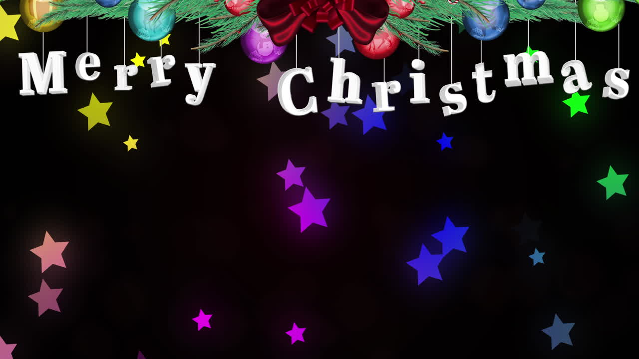 검은색 배경에 화려한 별과 메리 크리스마스의 애니메이션