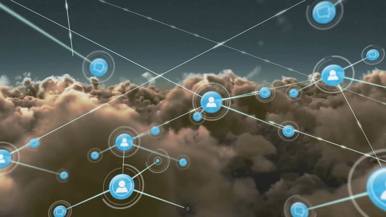 animación de redes de conexiones sobre nubes y cielo